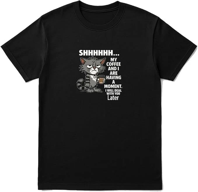 Cat Coffee Moment T-Shirt – Funny Unisex Black Tee for Coffee Lovers
