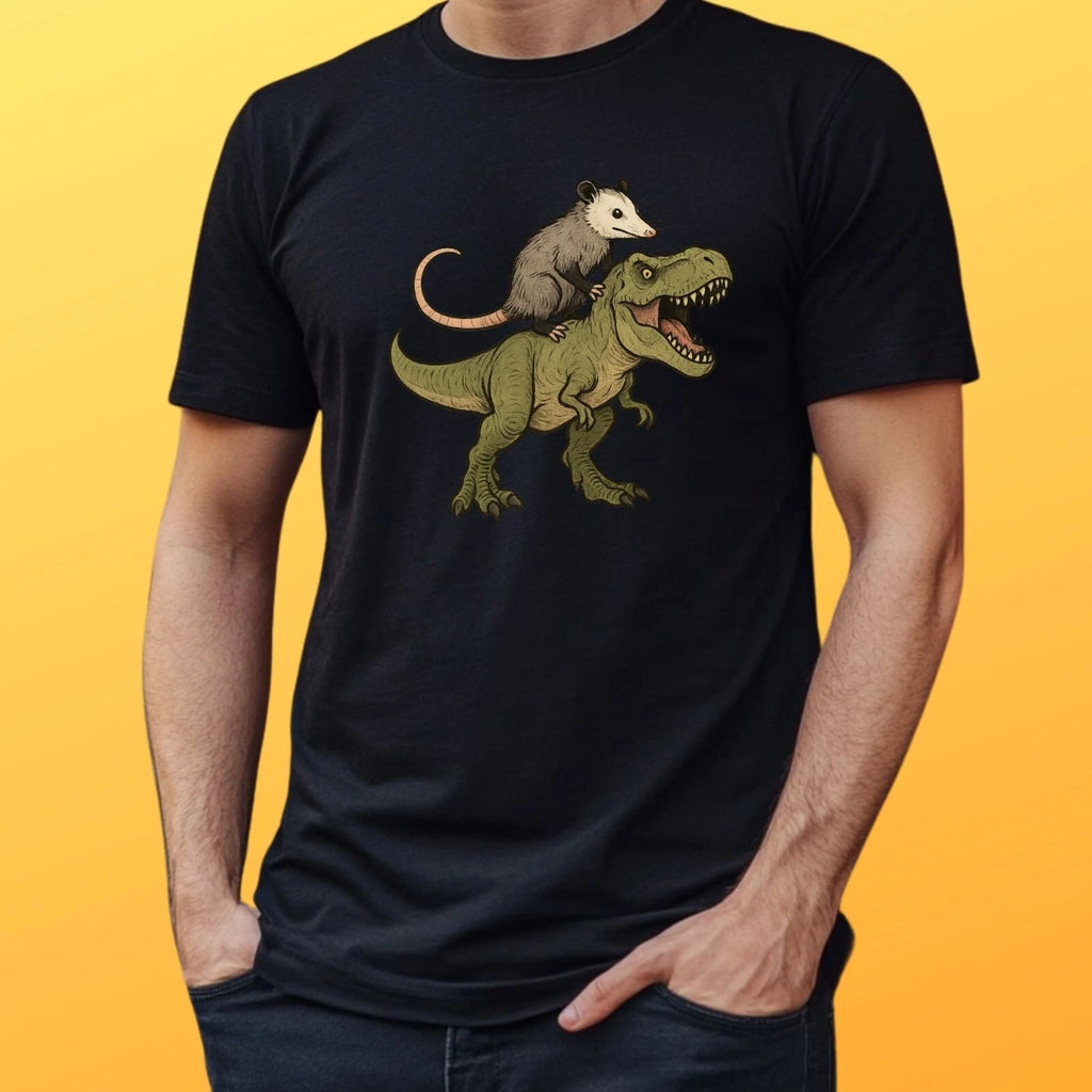 Mens Opossum Riding T-Shirt T-Rex Motif Cotton Size S to 5XL