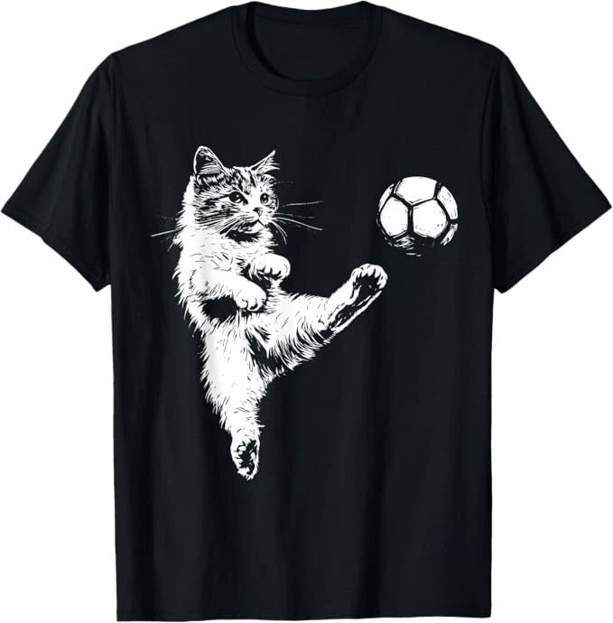 Funny Cat Soccer Ball Graphic T-Shirt