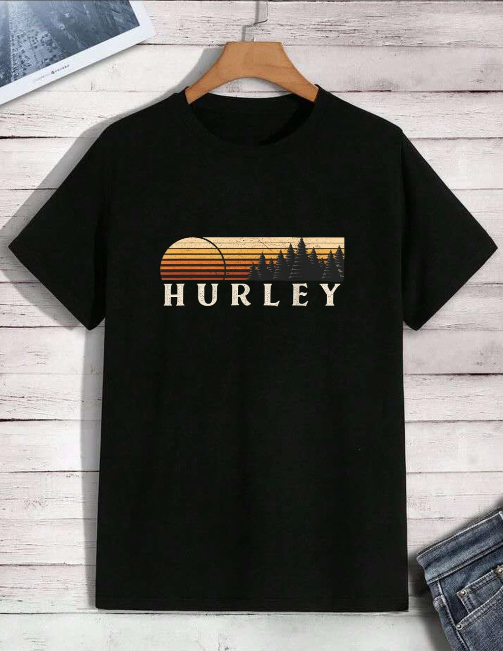 Hurley Graphic Tee Vintage Style Sunset Forest Trees T-Shirt Cotton Unisex