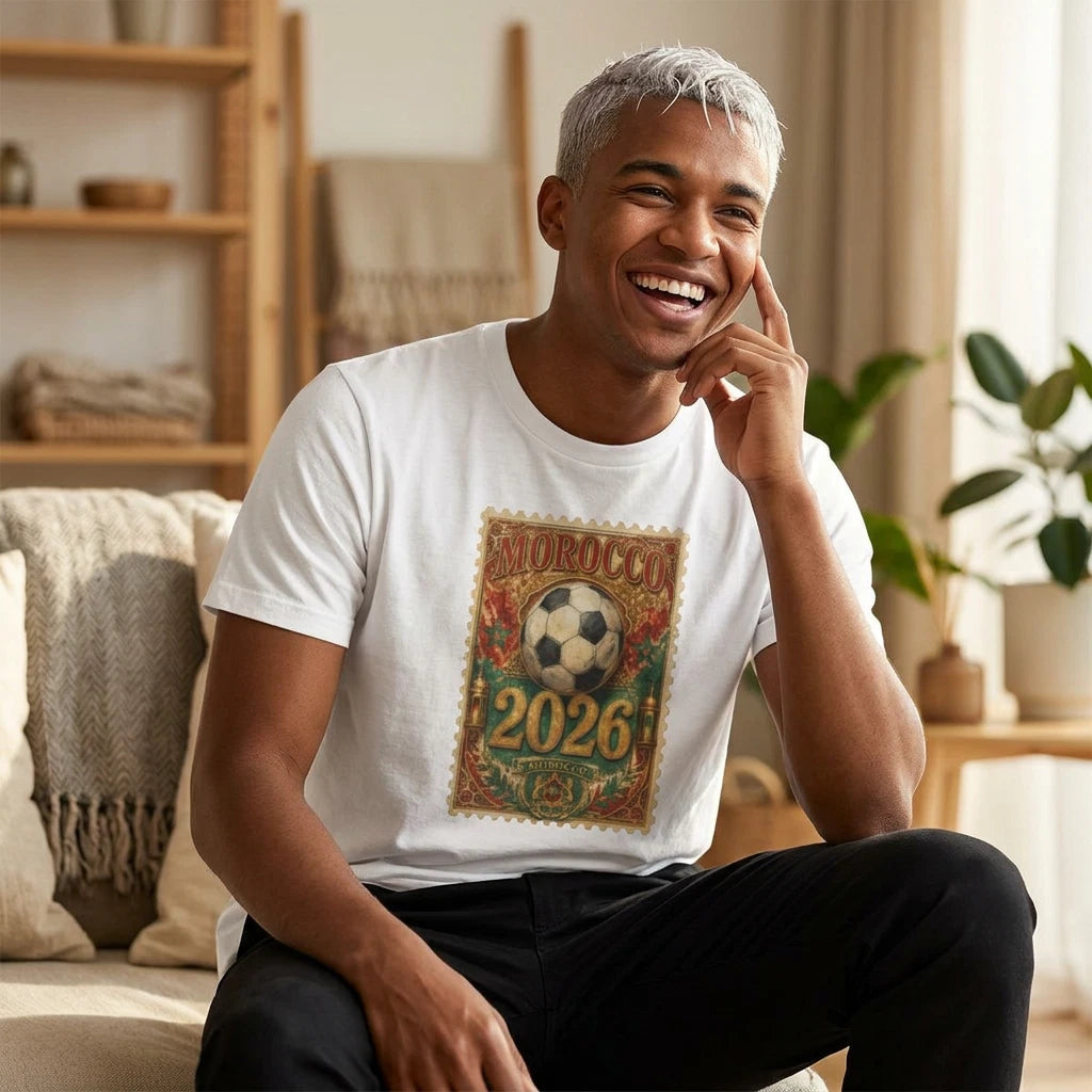 Morocco 2026 Soccer Stamp T-Shirt | Vintage Football Design
