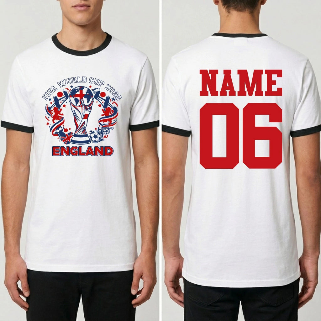 Personalised England Ringer T-Shirt Custom Name Number Football Tournament Top
