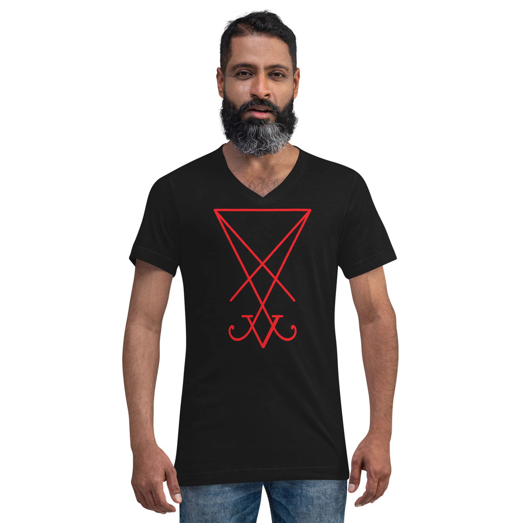Red Sigil of Lucifer Seal of Satan Grimoire Unisex Short Sleeve V-Neck T-Shirt