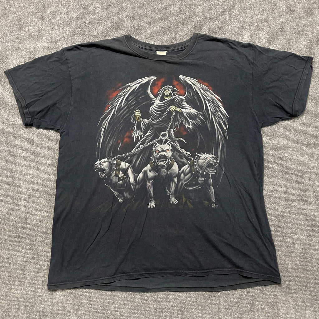 Fruit Of The Loom T Shirt Mens Large Black Cotton Grim Reaper Dogs Skull Tee