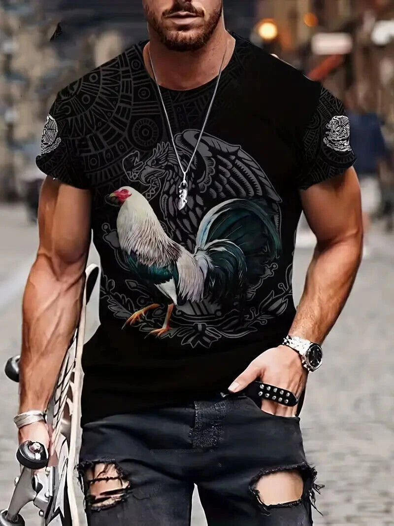 Camiseta Gallo Mexicano Azteca Águila Novedad Moda Manga Corta Hombre Camisa Tee