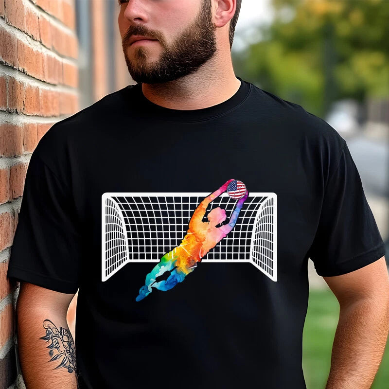 Men’s Soccer Goalkeeper T-Shirt – Vibrant Watercolor Design, Sports Fan Gift