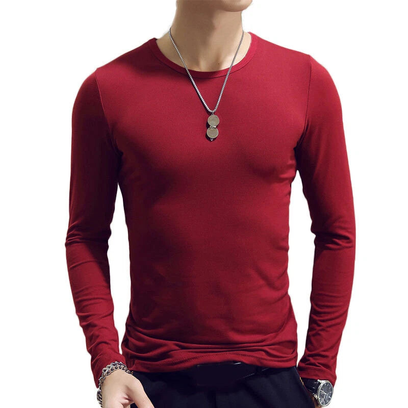 Mens T-Shirt V-Neck Long Sleeve Men T Shirt Cotton T-Shirts Casual Tee Tops ♡