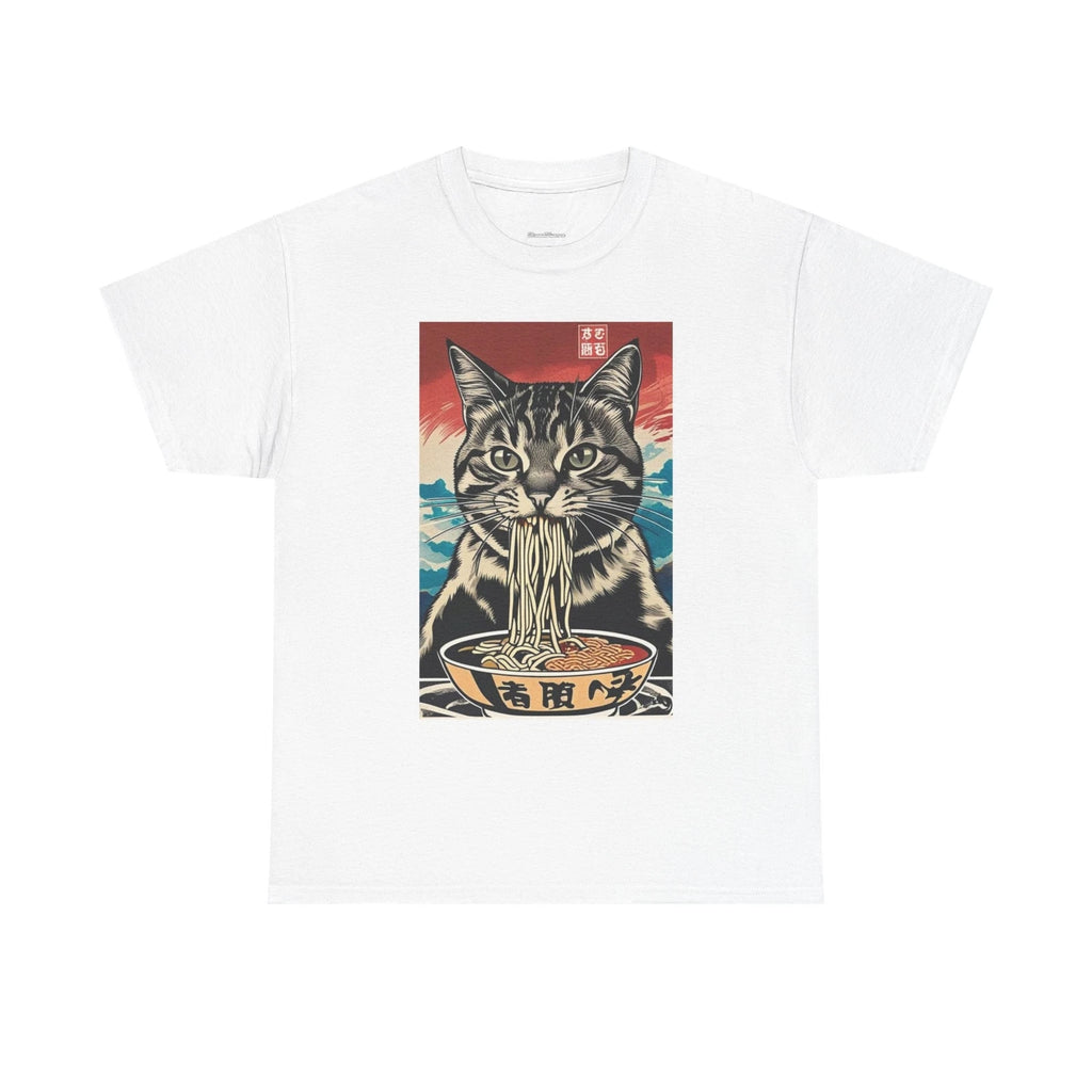 Vintage Cat Eating Ramen Graphic Tee, Funny Unisex T-Shirt for Cat Lovers, Cool