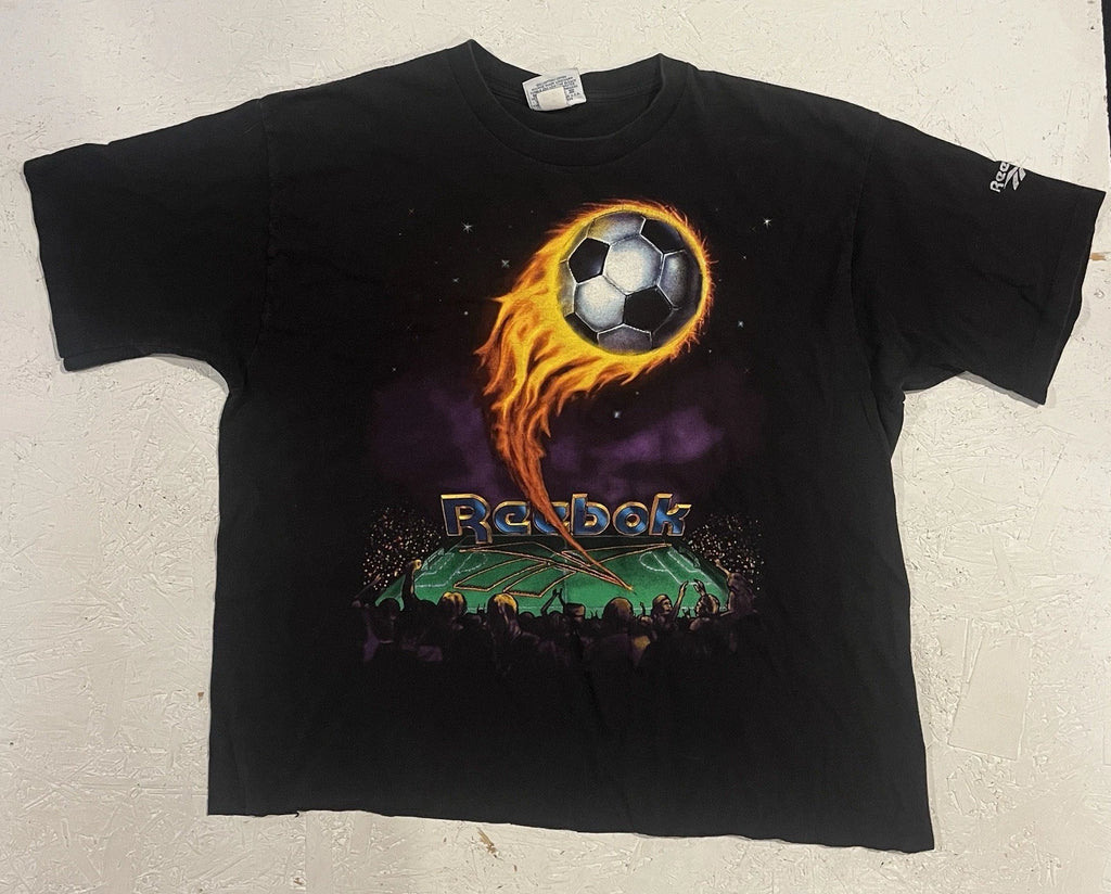 Vintage Reebok Soccer Shirt Fire Stadium Mens XL Black Graphic Print Space FLAW