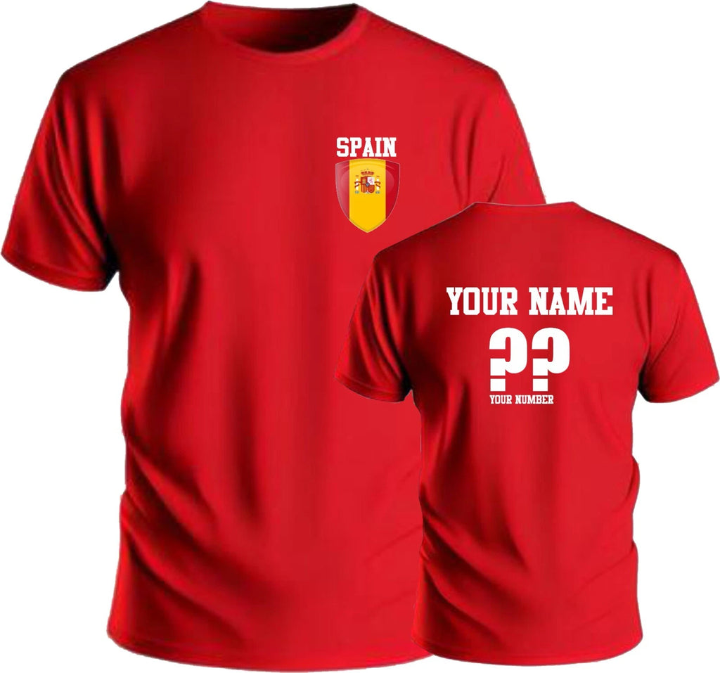 Personalise Spain Football T-Shirt Soccer Fans Sports Costume Flag Badge Top