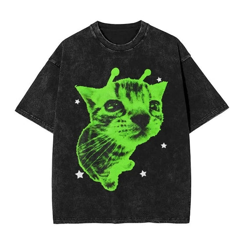 Alien Cat Funny Green Aesthetic Graphic T shirt