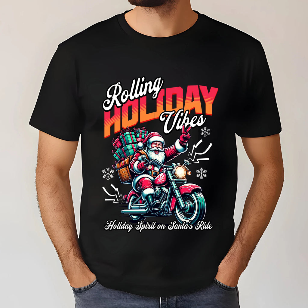 Christmas Motorcycle Santa T-Shirt, Holiday Vibes Tee, Unisex Gift, Festive Tee
