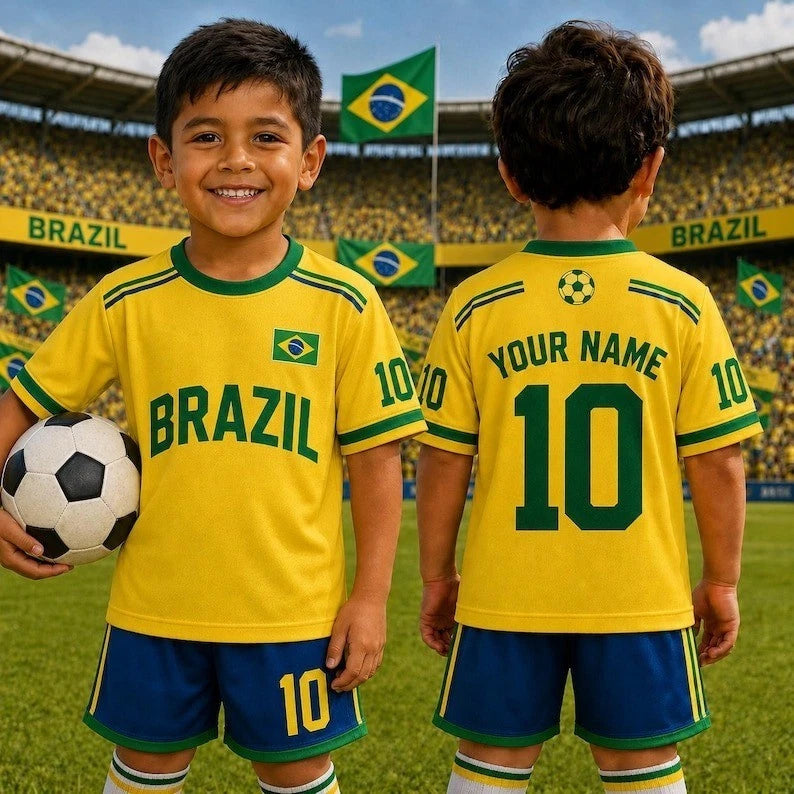 🔥Personalized Brazil Football Team 2026 AOP Set Gift Kids Fan Apparel