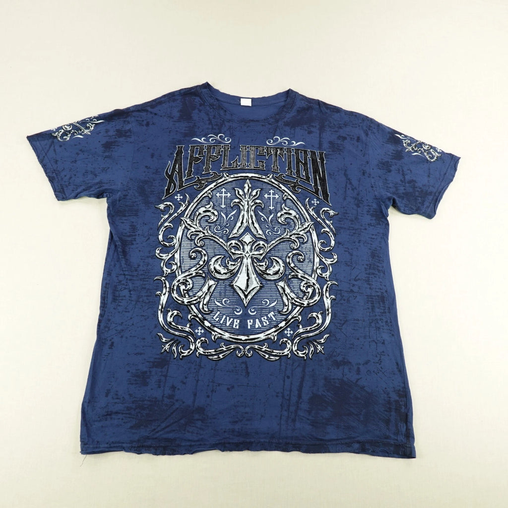 Affliction Shirt Mens 2XL XXL Blue Tie Dye Cross Live Past MMA Martial Arts Y2K