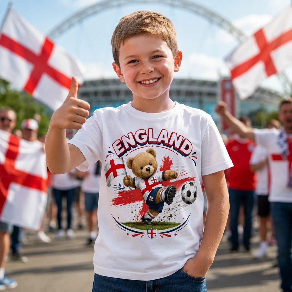 England Football T Shirt, Cute Bear Playing Soccer Youth Adult Tee