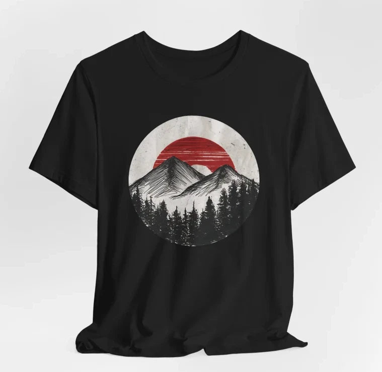 New T-Shirt Sunset Mountain Forest T-Shirt – Minimalist Nature Design - Sunset