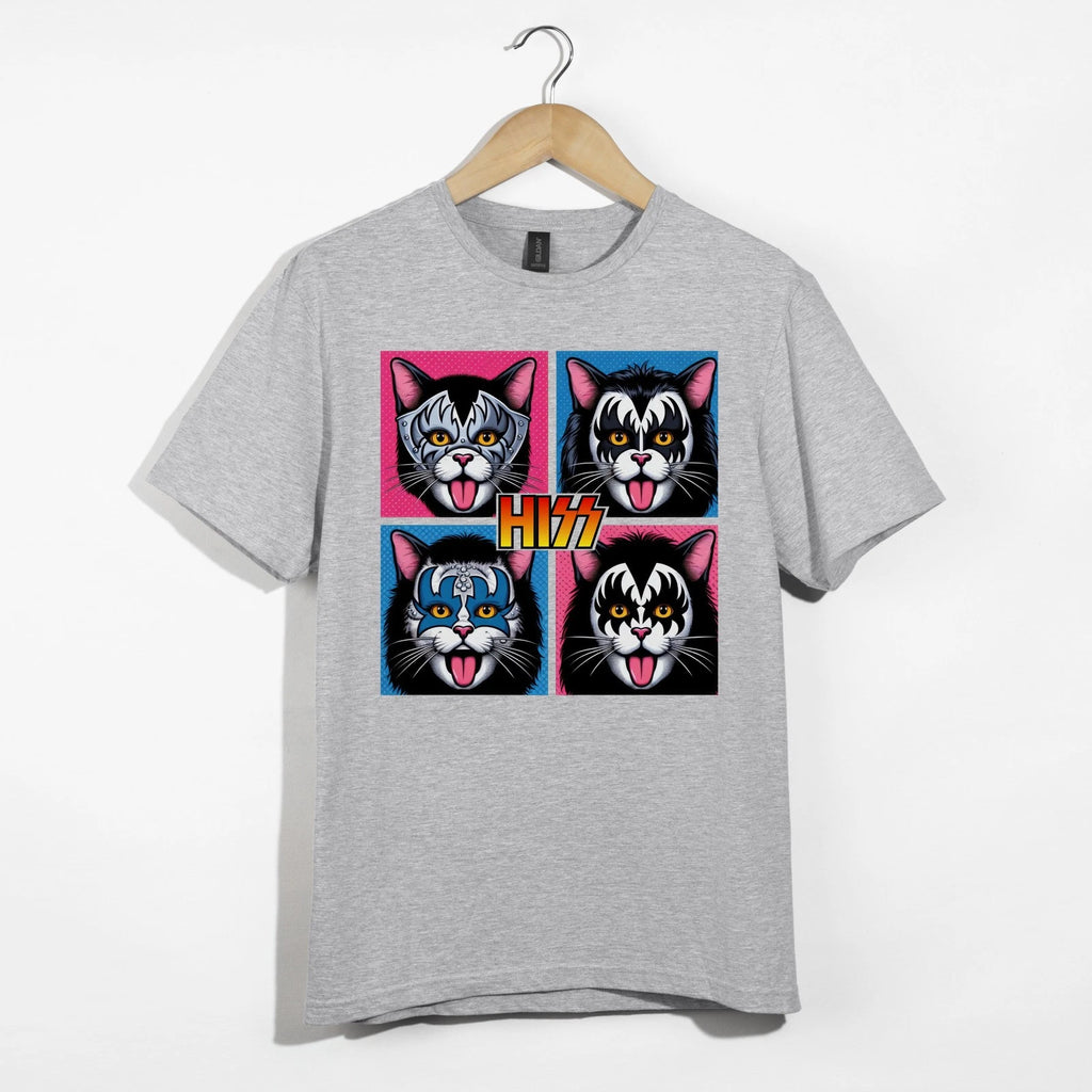 Funny HISS Cat Shirt, Glam Rock Band Cat Tee, Colorful Pop Art Cat T-Shirt