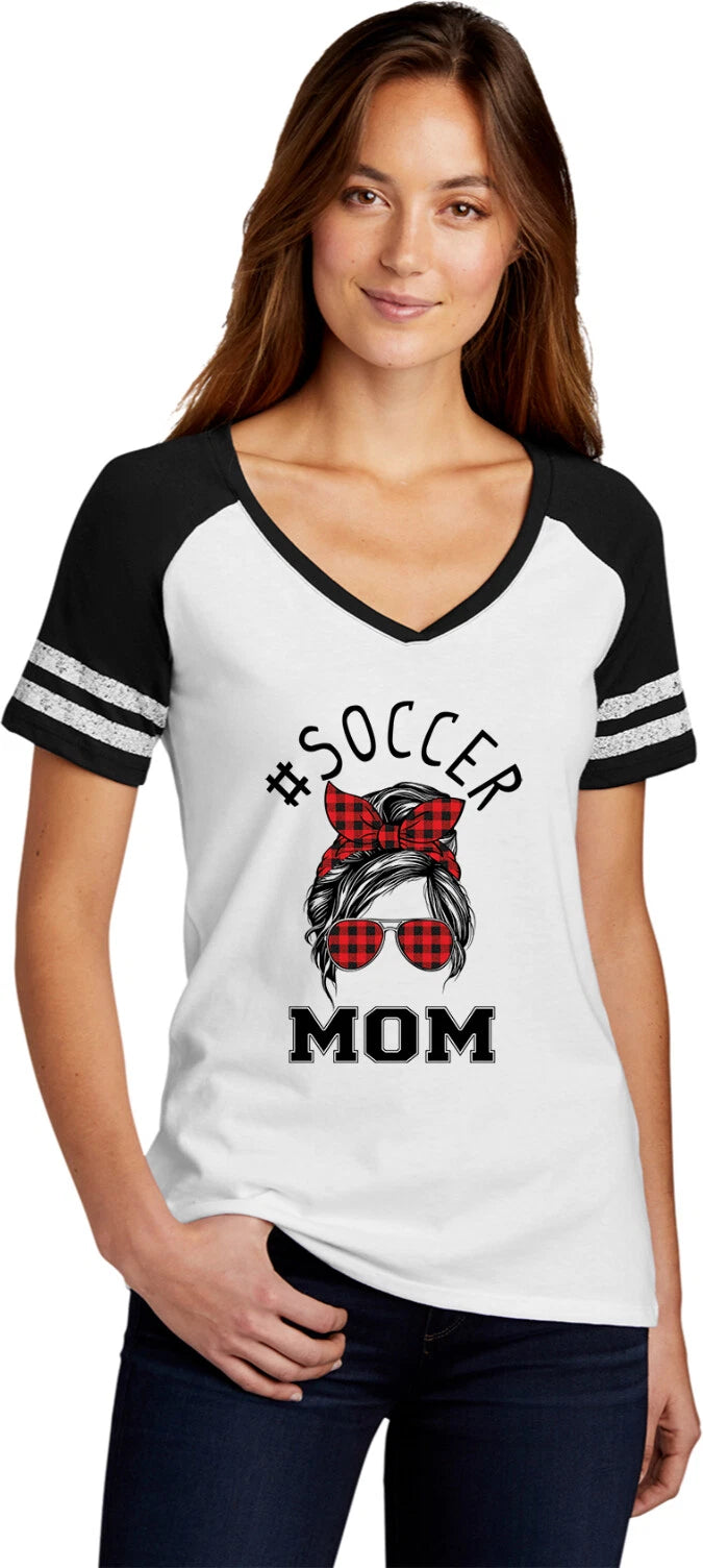 Mom Bun Soccer Mom Red Plaid Headband Womens Game V-neck T-shirt