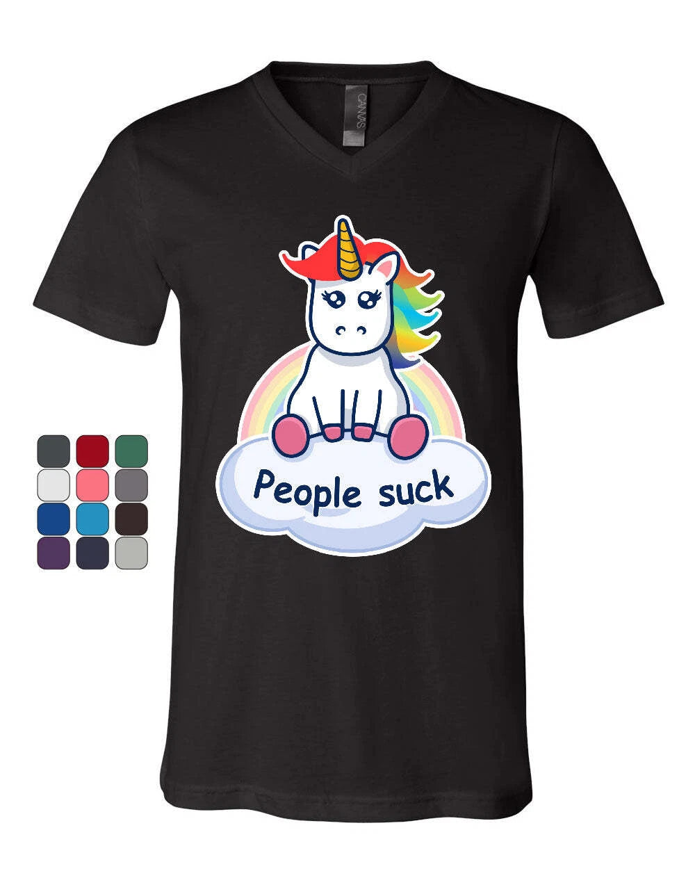 People Suck Cute Unicorn V-Neck T-Shirt Funny Rainbow Pony Introvert Tee