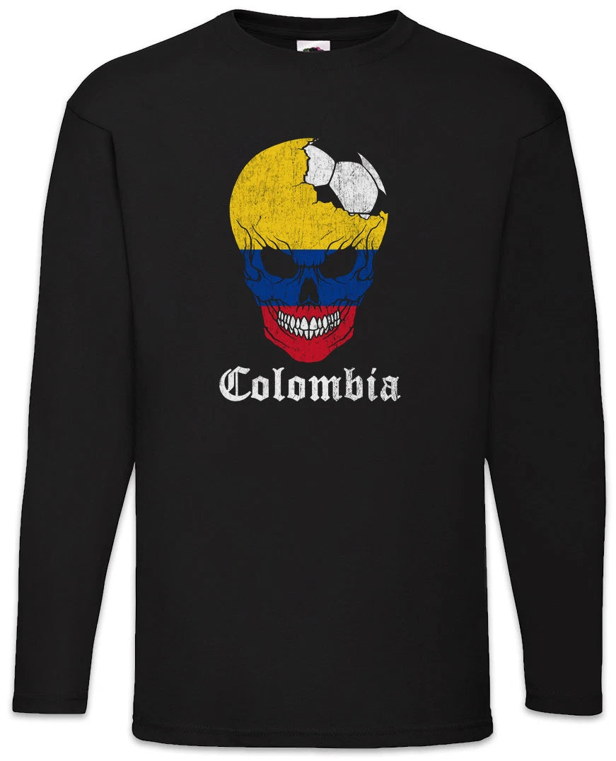 Colombia Football Skull I Men Long Sleeve T-Shirt colombian Soccer Flag