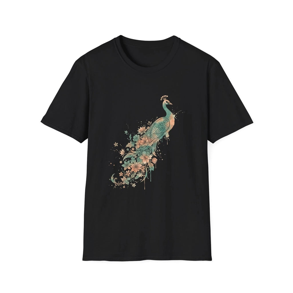 Peacock Floral Watercolor Boho Black Tee Nature Aesthetic T-Shirt