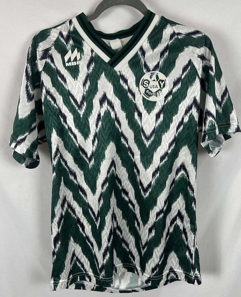 VINTAGE V Neck Soccer Jersey MBF USA #5 Green White Medium SAY ~MUST SEE~