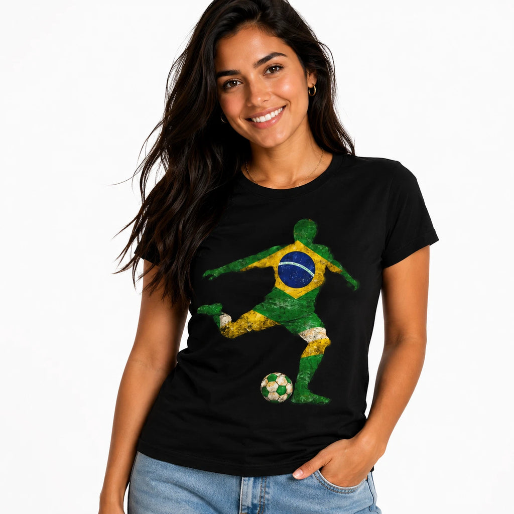 Brazil Soccer Player T-Shirt Brazilian Flag Football Silhouette Graphic Tee