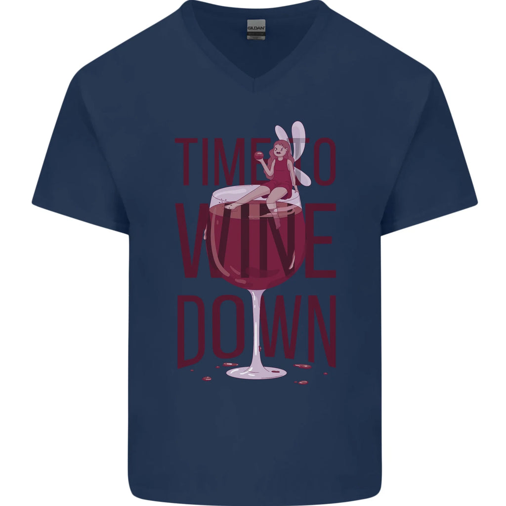 Time to Wine Down Funny Alcohol Mens V-Neck Cotton T-Shirt