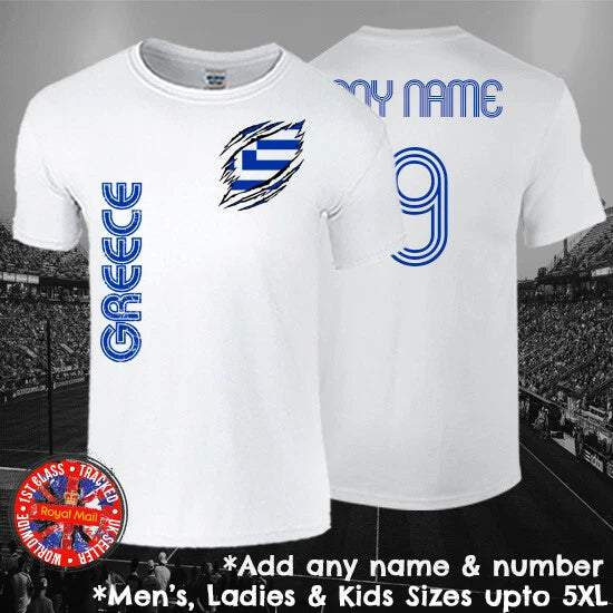 Greece Football Fan T-shirt Personalised Mens Ladies Kids Euros World Cup Greek