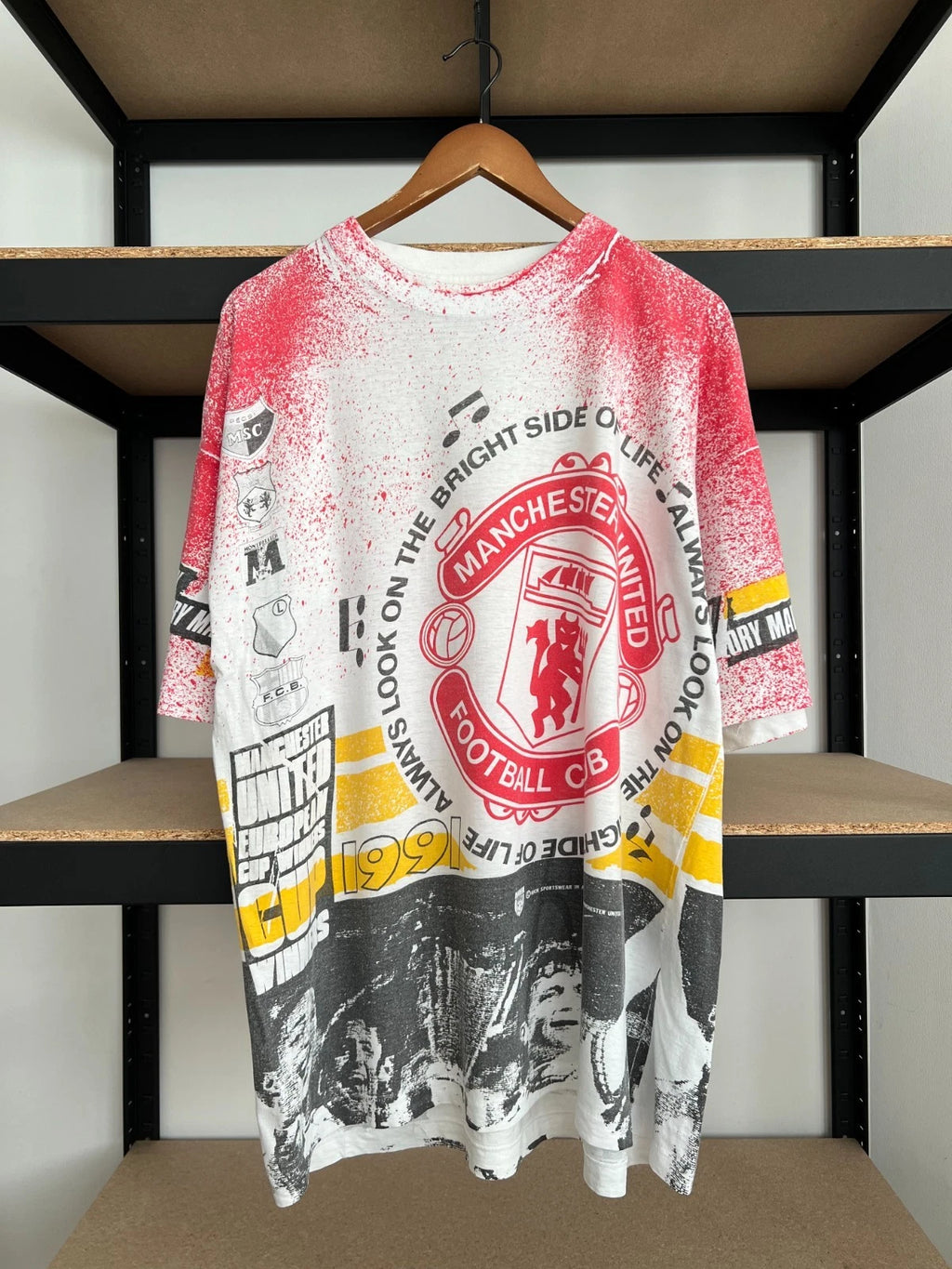 Vintage 1991 Manchester United Football Club Soccer Kick AOP T-shirt Sz XXL
