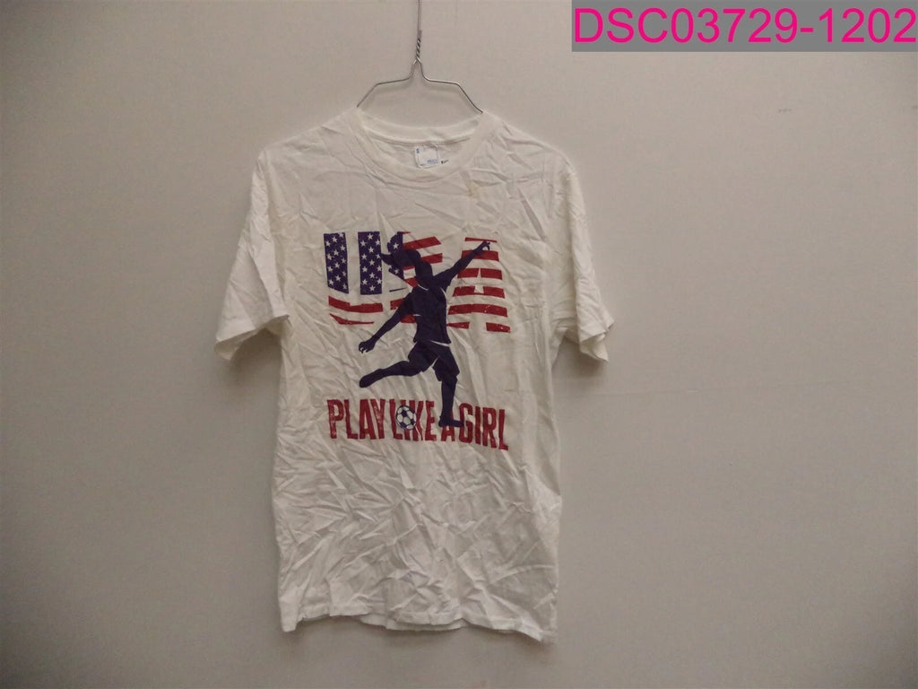 Stain-Unisex Small Short Sleeve White T-Shirt USA Soccer Play Like a Girl