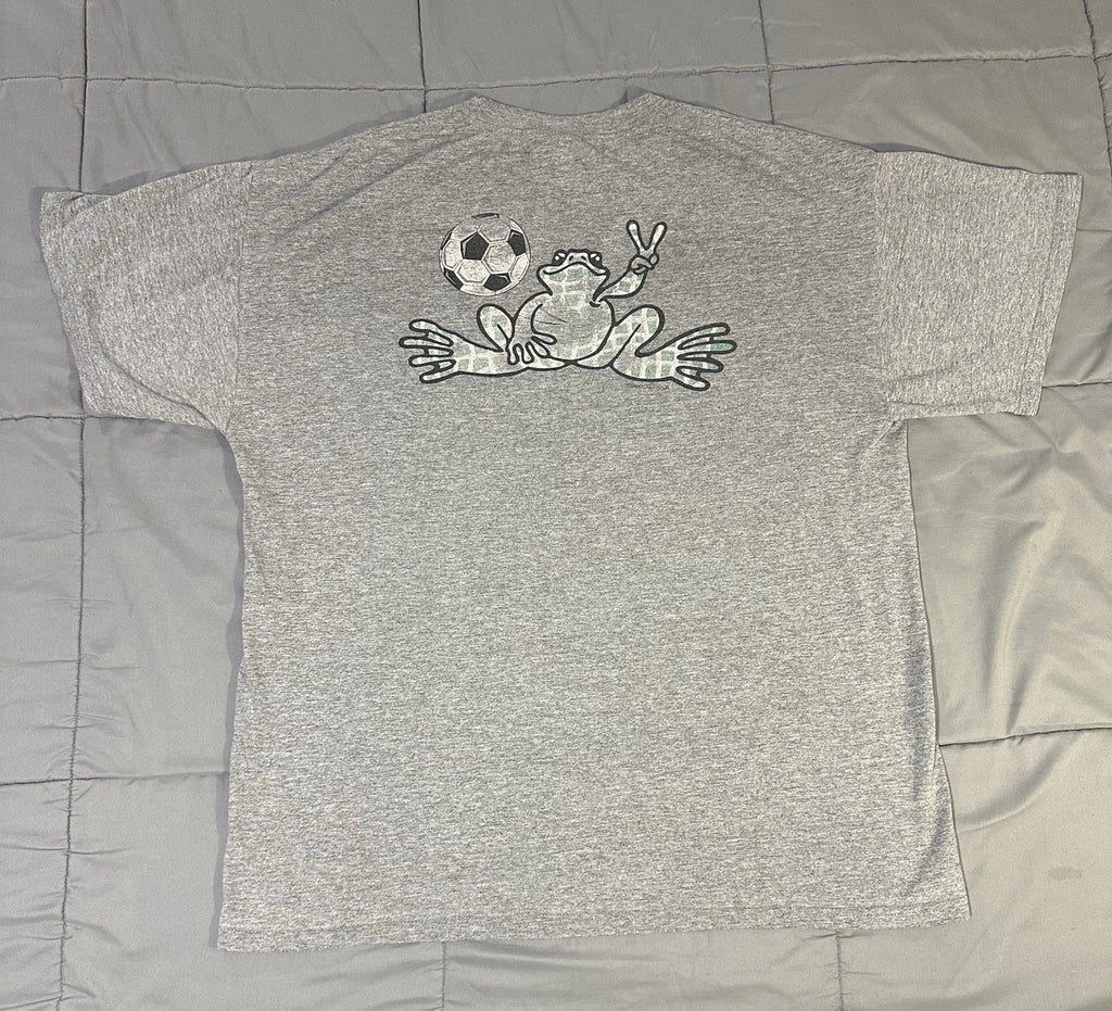Vintage Peace Frogs Soccer Futbol Tshirt Mens Size Large 90s Y2K Gray Faded