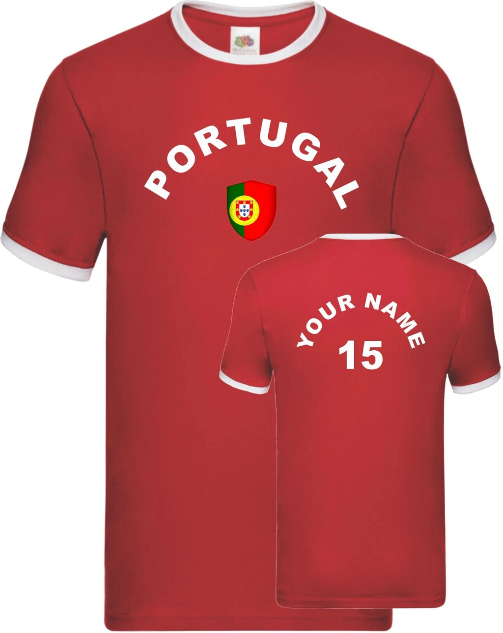Personalised Portugal Football Ringer T-Shirt Soccer Fans Sport Flag Badge Gift