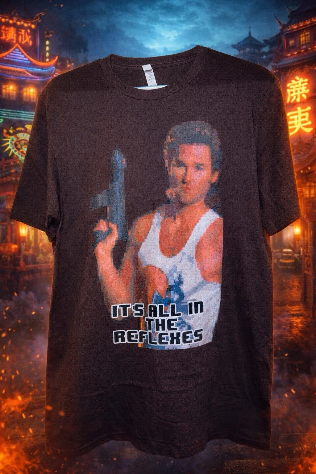 Jack Burton Big Trouble In Little China T-Shirt Men's L Brown 8-Bit Pixel Art