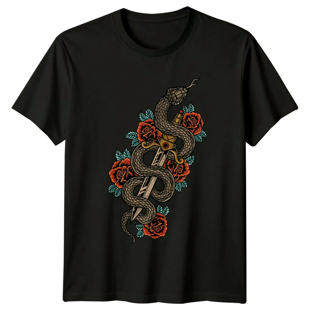 Snake Wrapped Sword Roses Animals Mens T-Shirt Ladies Tee Graphic Top