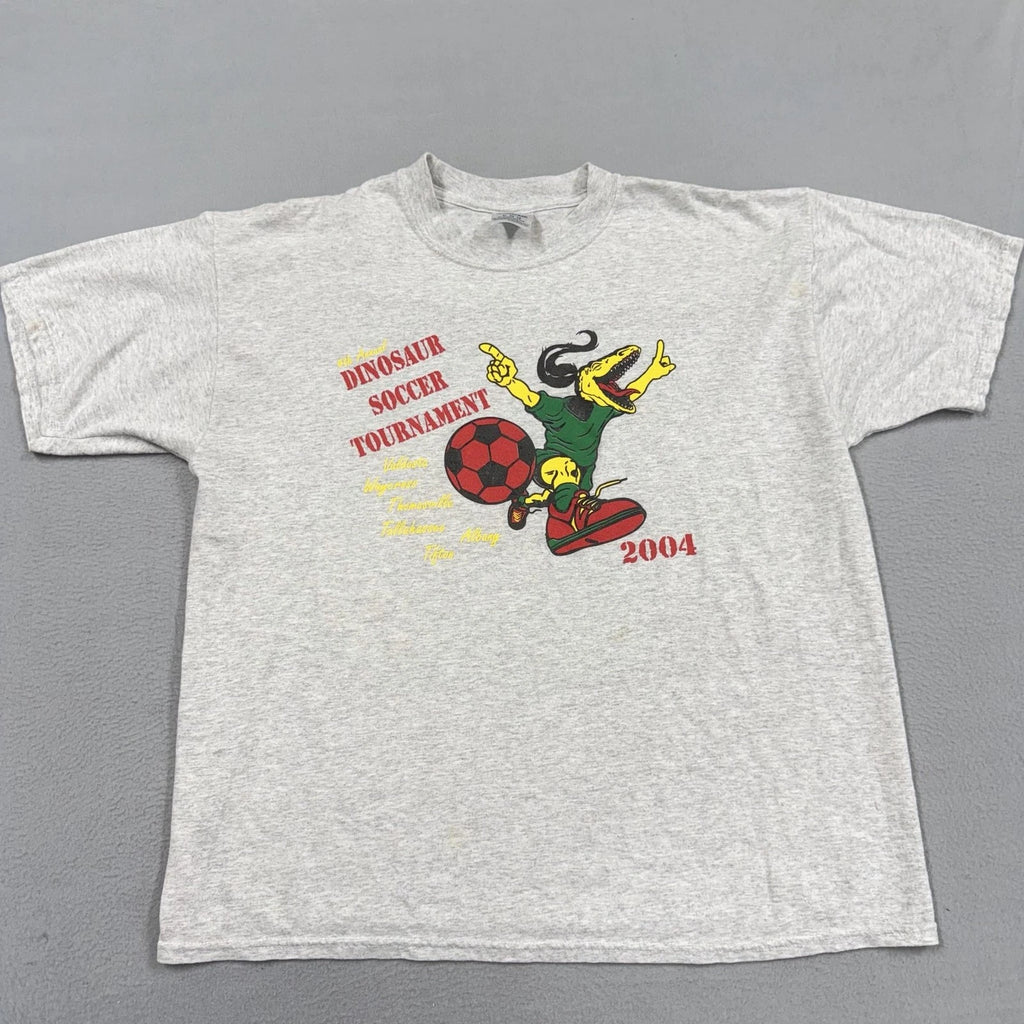 Vintage Jerzees Shirt Mens XL Gray Dinosaur Soccer Tournament 2004 Graphic Tee