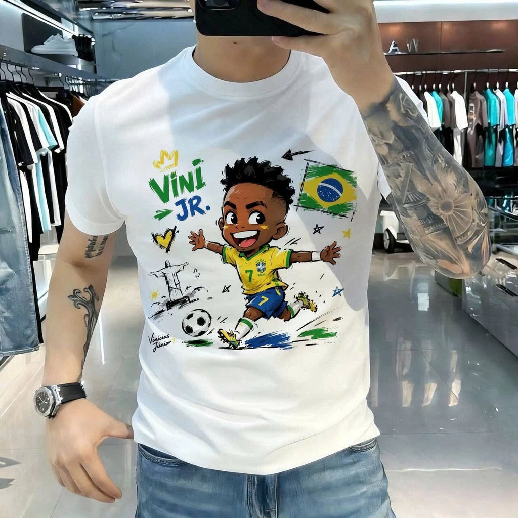 Brazil Soccer Cartoon Graphic T-Shirt Funny Football Fan Tee Yellow Jersey Style