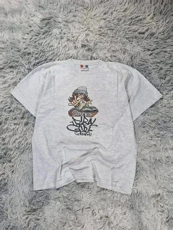 Vintage "Street Art Cartoon" Graphic Print Grey Streetwear Style Oversized T-Shirt
