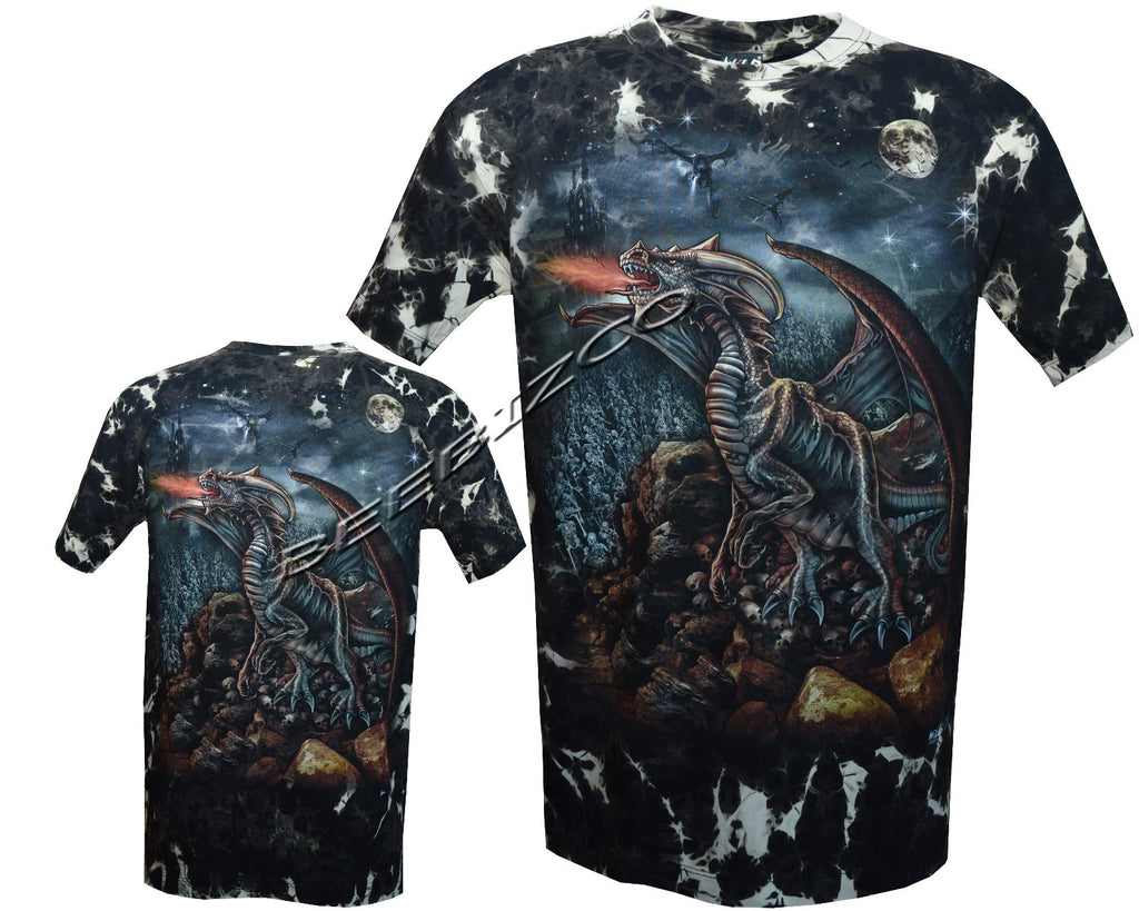 New Mens Glow in The Dark Dragon Skull Tattoo Gothic Tye Dye T- Shirt M - XXL