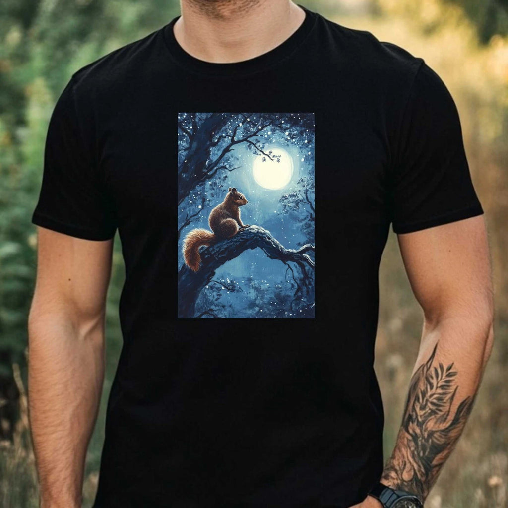 Mens Squirrel in Moonlight Motif Cotton T-Shirt Size XS to 5XL