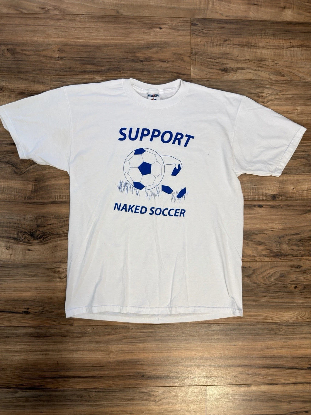 Vintage 2002 Support Naked Soccer Funny Sports Comedy Ball Y2K White Shirt Large