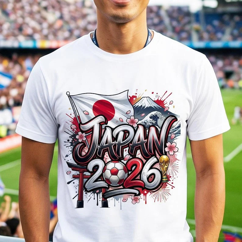 Japan Soccer Fan TShirt 2026, Mount Fuji Cherry Blossom Graphic Tee