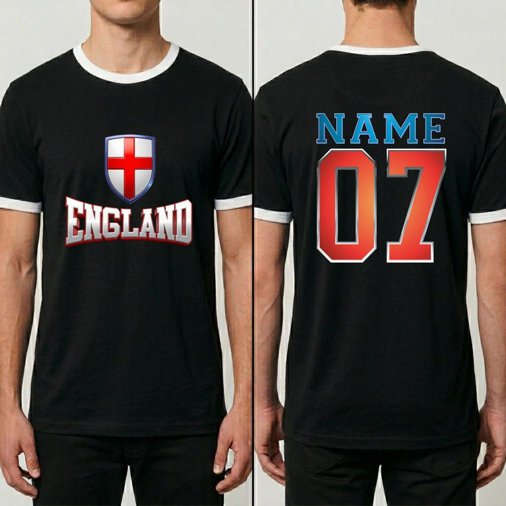 Personalised 3D Effect England Football Ringer T-Shirt Custom Name Number Top
