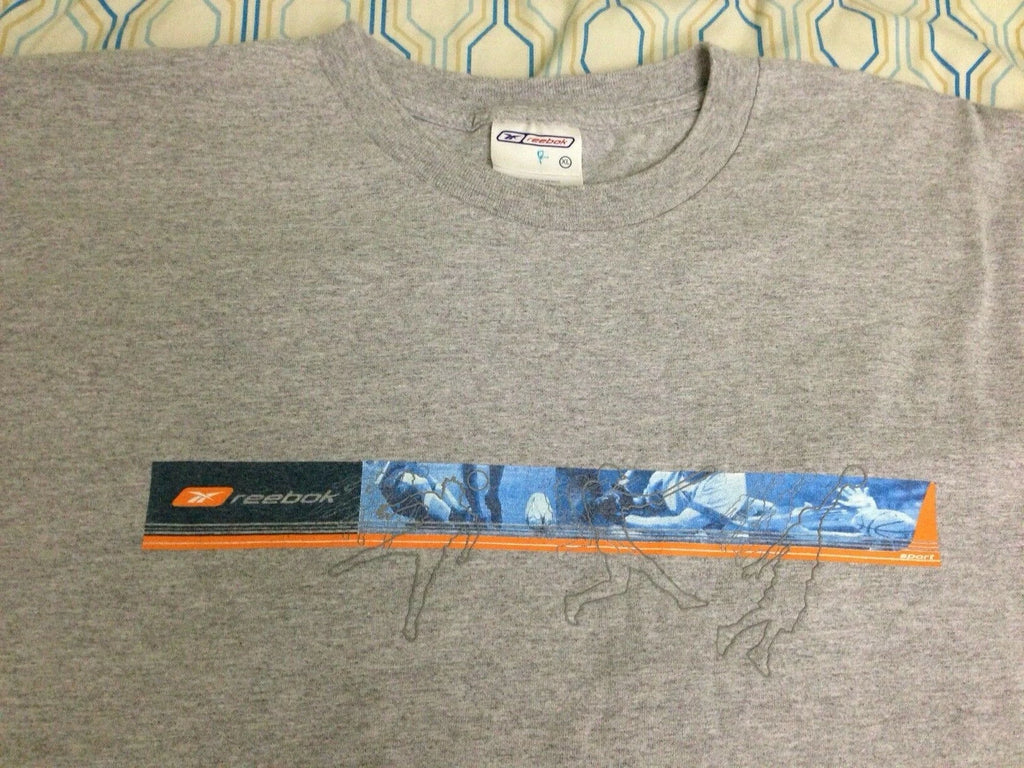 RARE Vintage 90s Reebok Sport T Shirt Spellout Box Logo Football Soccer Gray XL