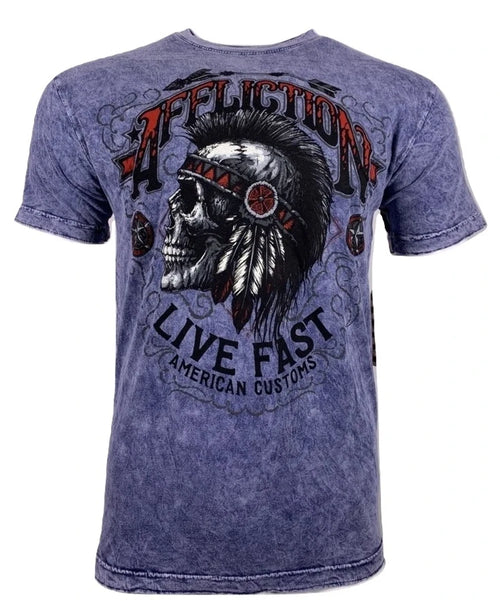 AFFLICTION Men's T-shirt AC IROQUOIS  Slate/Navy Lava Wash Biker MMA S-3XL