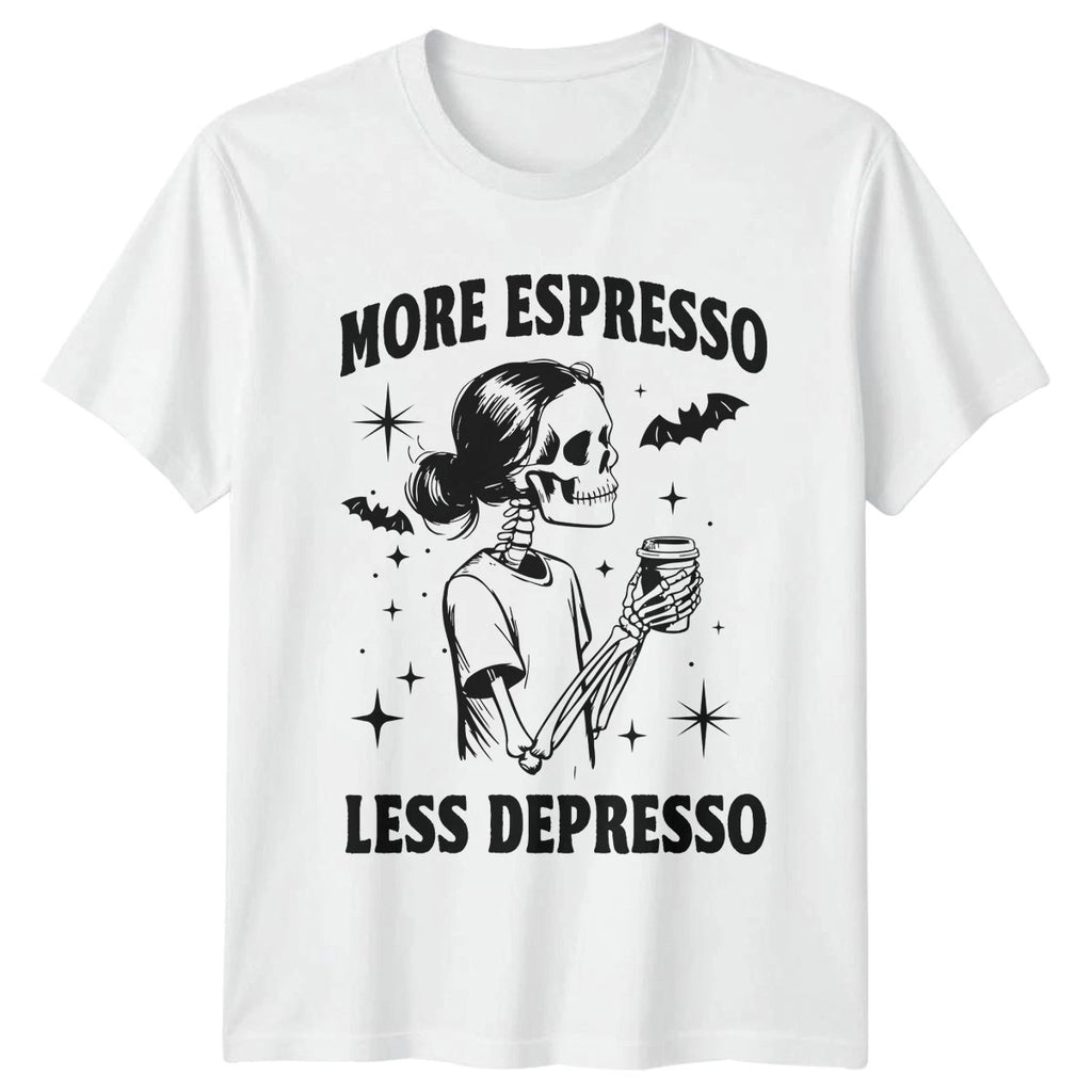 More Espresso Less Depresso Coffee Humor Gothic Mens T-Shirt Womens Tee Graphic