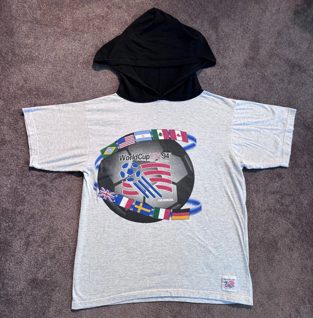 VTG World Cup USA 94 Hooded T-shirt Sz M Gray The Game 1991 Flags Soccer