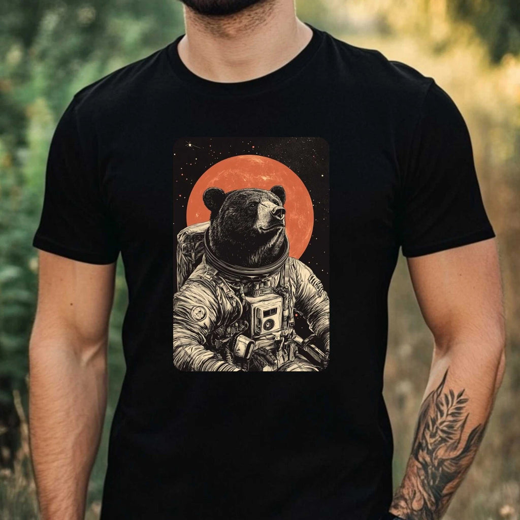 Mens Black Bear Astronaut Print Cotton T-Shirt Size XS to 5XL