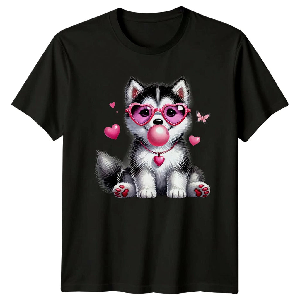 Cute Puppy Dog Animals Unisex Graphic Tee Heart Sunglasses Bubblegum