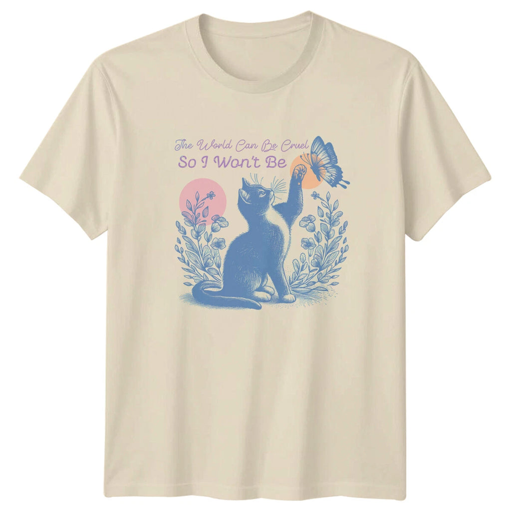Retro Cat The World Can Be Cruel T-Shirt, Cute Kitten Butterfly Tee